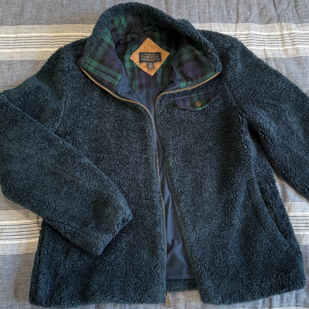 Pendleton Blue and Green Plaid Sherpa Jacket teddy jacket fall jacket